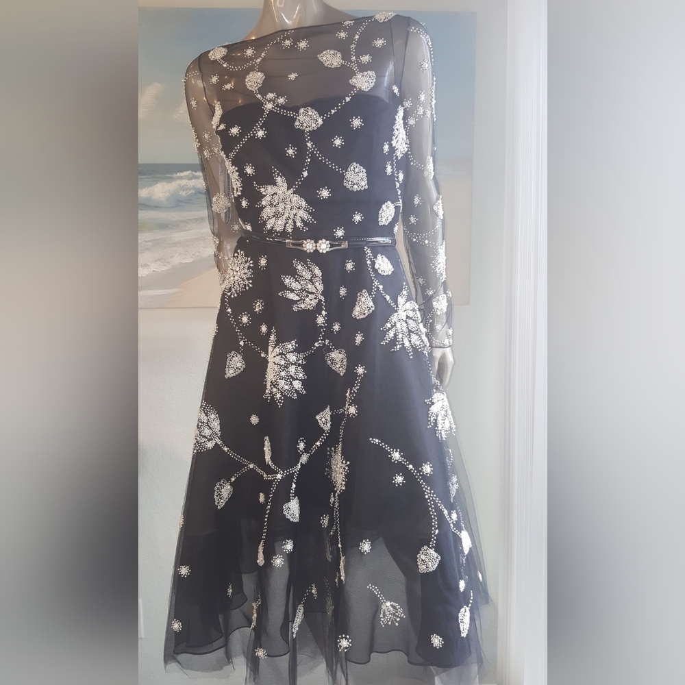 $7,900 OSCAR DE LA RENTA EXCL FLORAL EMBROID BLACK TULLE SILK MIDI DRESS 6 M - Picture 8 of 16